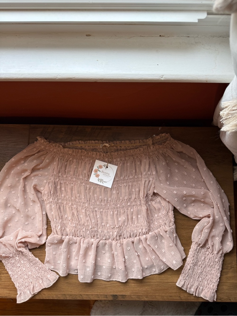 Smocked Off-Shoulder Blouse — Dusty Rose